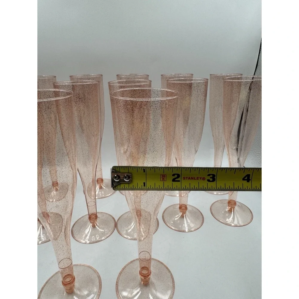 Set Of 14 Rose Gold Pink Disposable Glitter Plastic Champagne Glasses